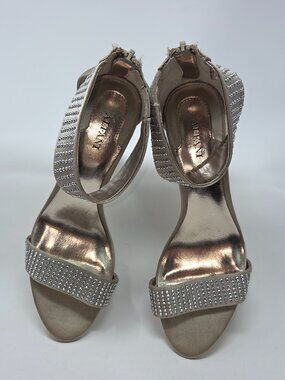Alfani Annika Champagne Satin Studded Heeled Sandals, Size 8M